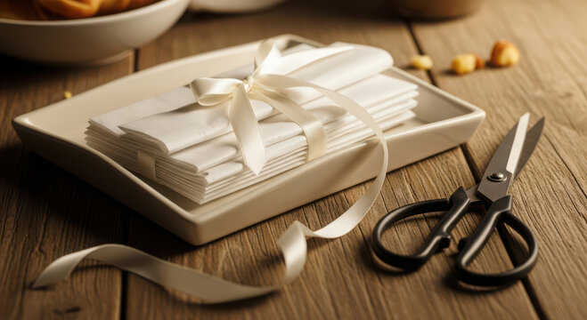 Elegant white treats tied with ribbon and scissors
