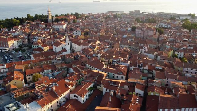 The town of Koper at dawn, seen from above. Aerial view of the Slovenian coastal tourist town on the Adriatic sea