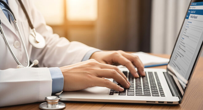 Doctor Typing on Laptop with Stethoscope - Powered by Adobe