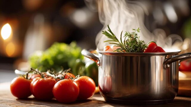 A pot of food with tomatoes and herbs is on a wooden table. The pot is steaming and the food looks delicious