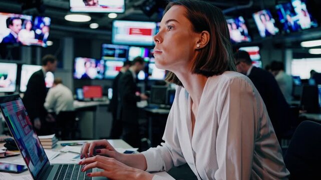 Caucasian woman journalist typing on laptop amid busy studio monitors, colleagues moving in background, multiple TV screens showing headlines, focused expression, fast paced editing and live coverage,