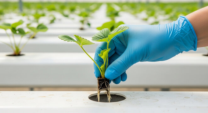 A researcher's hand in a blue protective glove carefully planting a young strawberry seedling into a modern hydroponic cultivation system in a greenhouse - Powered by Adobe
