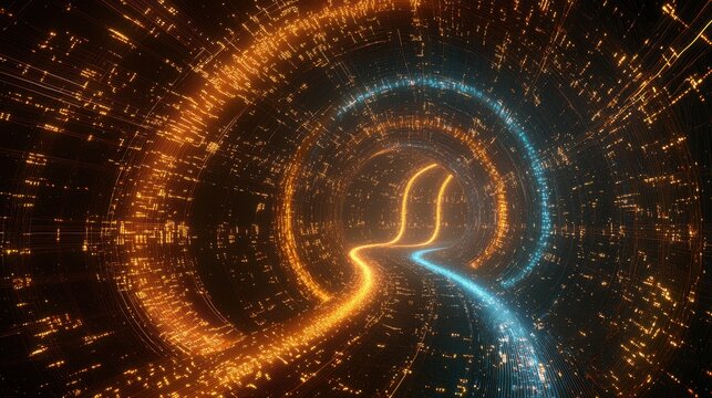 Curved fiber trails illuminated creating spiral tunnel vortex pattern golden orange blue light particles streaming radial perspective abstract digital network connectivity
