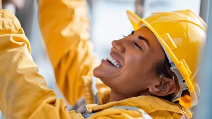 A woman is smiling and holding a drill. Concept of happiness and positivity