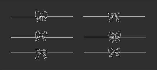 Hand drawn girly coquette bow ribbons banner set. Editable stroke line. Vector stock illustration isolated on black background for design template birthday, wedding, Christmas card, invitation, sale.