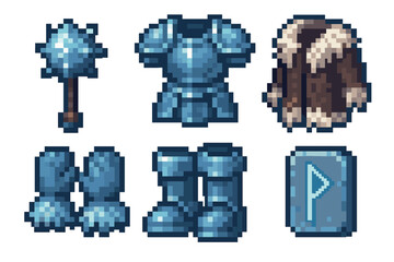 Pixel art style depicts an array of blue medieval armor and weapons, including a mace, body armor, fur-trimmed coat, gauntlets, boots, and a rune-inscribed shield.