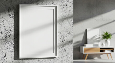 Frame mockup hanging on industrial room with concrete wall for design placement