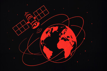 Futuristic satellite orbiting Earth with red and black communication lines