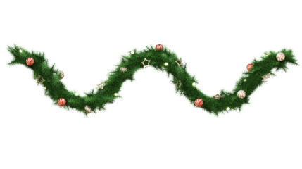 Festive Christmas garland with pine, holly berries, ornaments, pinecones and stars creating a warm holiday atmosphere for decorations