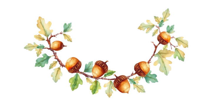 Pastel autumn design with acorns, leaves, watercolor style. Illustration of the autumn season. for greeting cards, scrapbook dividers and seasonal design.