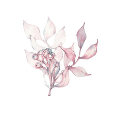 A watercolor composition with pink and purple twigs and berries. Hand-drawn illustration for life and design. Pink, blue, and purple hues in the twigs and leaves, purple berries. A bouquet of leaves.