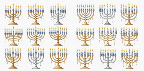 A collection of gold and silver menorahs with lit blue and white candles and dripping wax, set against a transparent background.