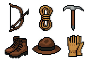 Pixel art depiction of various adventure tools, including a bow, rope, ice axe, boots, hat, and gloves, arranged in two rows.