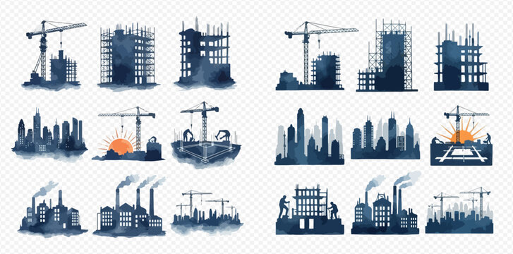 Blue watercolor silhouettes illustrating construction sites with cranes, buildings under development, urban cityscapes, and industrial factories.