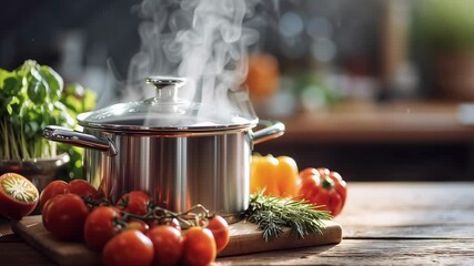 A pot of boiling water sits on a wooden table with a variety of vegetables, including tomatoes, peppers, and herbs. The steam rising from the pot creates a cozy and inviting atmosphere - Powered by Adobe