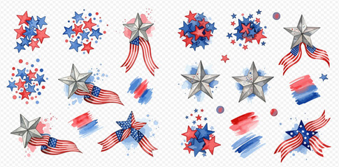 Watercolor collection of patriotic American stars, ribbons, and brush strokes in red and blue, perfect for national holidays and celebrations.