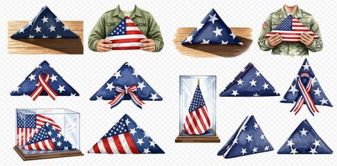 A collection of watercolor illustrations depicting various folded American flags, some held by military personnel, others with ribbons or in display cases, symbolizing patriotism and remembrance.