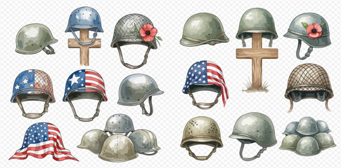 Obraz premium Watercolor illustration set featuring various military helmets, some adorned with American flags and poppies, alongside memorial crosses, symbolizing war, patriotism, and remembrance.