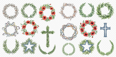 A collection of watercolor wreaths and symbolic shapes including crosses, stars, and anchors, featuring leaves, poppies, and ropes on a transparent background.