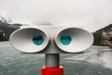 Static View Master overlooking a frozen lake in St. Moritz, Switzerland, capturing the stunning winter scenery of the Swiss Alps