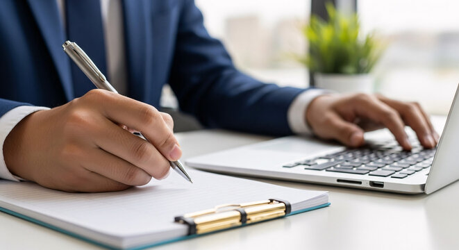 Businessman working on laptop and writing notes