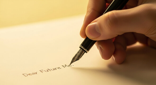 Hand writing a heartfelt letter to their future self with a classic fountain pen, expressing hopes and dreams for tomorrow