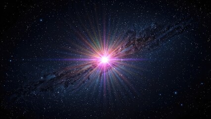 Fototapeta premium Bright cosmic explosion or starburst with radiant light and colorful rays in deep space with stars and galaxy background.