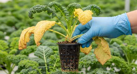 Agricultural scientist in a glove examining a kale plant with yellow leaves, a sign of nutrient deficiency or disease in a hydroponic farm