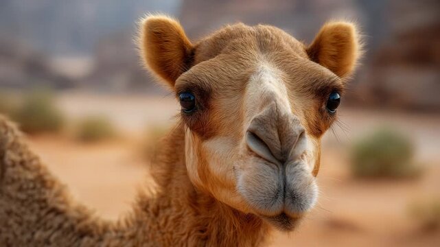 Closeup portrait of a camels face in a desert landscape with soft, blurred background