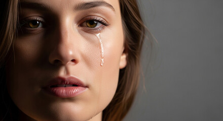 Fototapeta premium Emotional close-up portrait of a heartbroken young woman shedding a single tear of sorrow