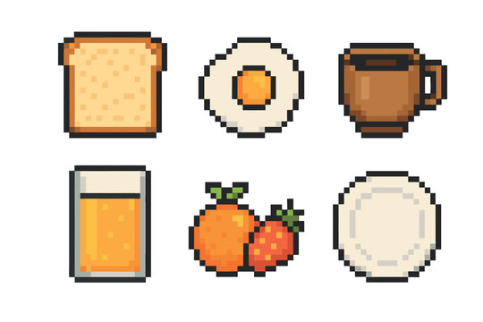 Pixel art depicting six breakfast items, including toast, a fried egg, a coffee cup, a glass of juice, two oranges, and a plain plate.