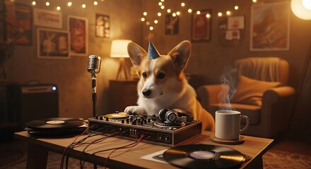 Corgi dog wearing party hat at D J deck with vinyl records and coffee puppy animal