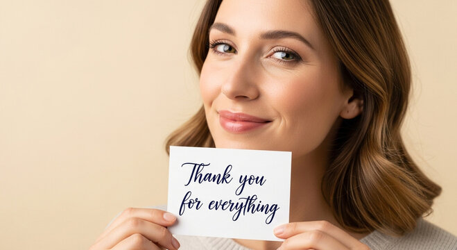 Smiling woman holding a card with 'Thank you for everything' message as a gesture of appreciation