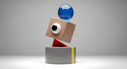 A whimsical 3D render of stacked geometric shapes forming a playful character with a single eye.