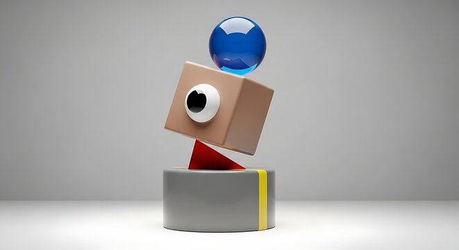 A whimsical 3D render of stacked geometric shapes forming a playful character with a single eye.