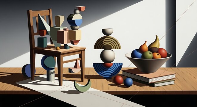 A still life composition featuring abstract geometric shapes balanced on a chair and a table, alongside a bowl of fruit. - Powered by Adobe