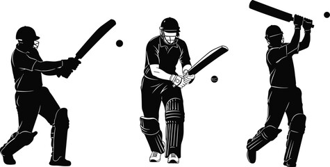Cricket players silhouette, batting action, helmet gear, sports vector, dynamic pose, ball motion, professional athlete, abstract illustration, black artwork © Arman World