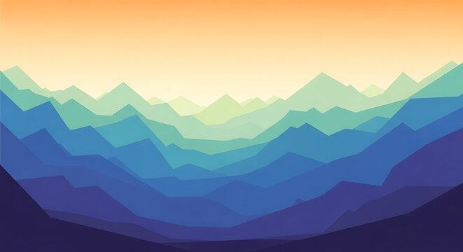 Abstract digital art depicting layered mountain ranges in shades of blue, green, and orange.