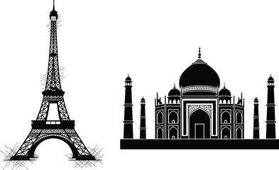 Obraz premium Eiffel Tower and Taj Mahal Silhouettes, Iconic Landmarks, Cultural Architecture, Black and White Design, Global Heritage, Monument Illustration, Historic Structures