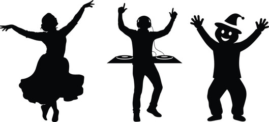 Entertainment silhouette illustration, dancer, DJ, clown figure, festive celebration, black vector art, performance concept, cultural joy, party expression, fun