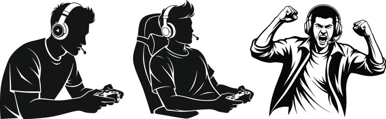 Gaming Silhouette Trio, Headset Players, Controller Action, Celebrating Gamer, Emotional Reaction, Multiplayer Culture, Tech Lifestyle, Black and White Illustration, Focused Pose © Arman World