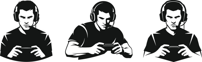 Mobile Gaming Silhouettes, Headset Users, Handheld Console, Multiplayer Interaction, Streaming Culture, Focused Gamers, Tech Lifestyle, Communication Gear, Black and White Illustration