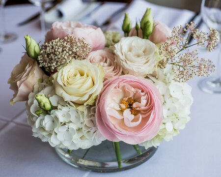 Delicate Pink and White Rose and Hydrangea Floral Arrangement - Powered by Adobe