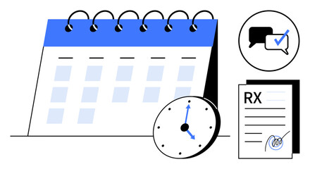 Calendar with marked dates, analog clock, signed prescription, and chat bubble with approval. Ideal for scheduling, medical appointments, task organization, planning, reminders productivity simple