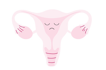 Menstrual uterus clipart with simplified female reproductive system with a sad facial expression, soft pink palette, and clean minimal lines. Women’s health topics, gynecology education, PMS symptoms.