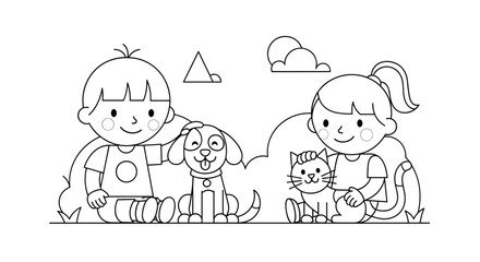 Fototapeta premium Children Playing with a Dog and Cat Outdoors, Coloring Book Illustration