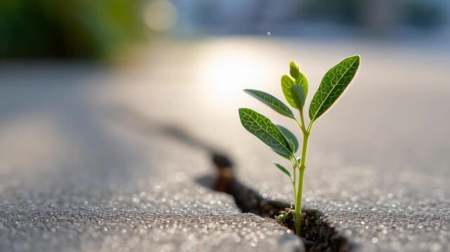 A small green plant is growing out of a crack in the sidewalk. The crack is deep and wide, and the plant is barely visible. Concept of hope and resilience, as the plant is able to grow