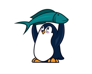 Cute Penguin Catching Fish Illustration visualized with Cartoon Style