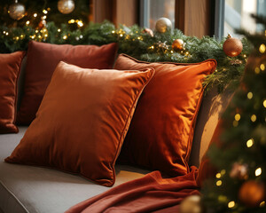 Cozy Orange Velvet Pillows and Christmas Decorations