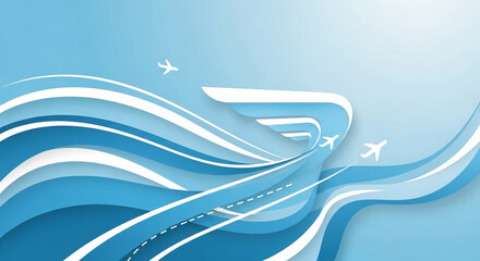 Abstract Blue Waves with Flying Airplanes - Representing Travel and Freedom